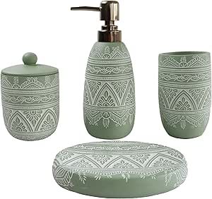 Hymmah Green Bathroom Accessories Set,Farmhouse Bathroom Decor,4 Pcs Resin Gift Set Apartment Necessities, Contain Cotton Swab Jar,Soap Dispenser,Tumbler，Soap Dish/Tray Bathroom Sets Bath Accessories, Luxury Bathroom Accessories Set, Farmhouse Bathroom Accessories, Apartment Necessities, Green Bathroom Accessories, Bathroom Accessories Luxury, Bathroom Accessories Set, Bathroom Accessory Sets, Farmhouse Bathroom Decor