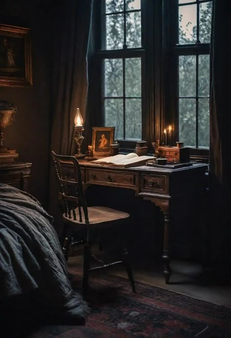 Gloomy House Interior, Moody Victorian Office, Fireplace Dark Academia, Dark Edwardian Aesthetic, Romantic Goth Apartment, Dark Academia Gallery Wall Ideas, Dark Rustic Decor, Gothic Study Aesthetic, Gothic Desk Decor