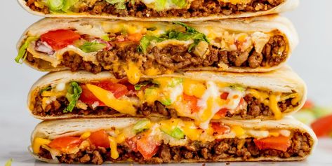 Check out this easy recipe for a perfect copycat Taco Bell Crunchwrap Supreme from Delish.com! Taco Bell Crunchwrap Supreme, Taco Bell Crunchwrap, Crunchwrap Supreme, Buffalo Chicken Wraps, Crunch Wrap, Walnut Shrimp, Homemade Tortilla Chips, Nacho Cheese Sauce, Wrap Recipe