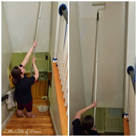 Little Bits of Home: How to Paint a Stairwell Without Hiring Help Painting Stairwell, How To Paint Stairwell, Stairwell Remodel, Wall Above Stairs, Basement Rooms, Basement Stairway, Ceiling Makeover, Stairwell Ideas, Douglas House