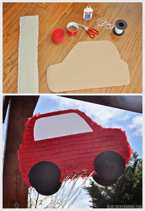 DIY Pull String Pinata | Car Party | Vicky Barone | DIY Piñata | Pinata alternative | racecar party ideas decor projects activities | 2 year old party ideas Pinata Alternative, Car Pinata, Car Birthday Party, 2nd Birthday Party For Boys, Disney Cars Party, Hot Wheels Party, Piñata Ideas, Race Car Birthday Party, Diy Pinata