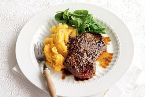 Swap regular mashed potatoes for a sweet and chilli pumpkin version in this riff on steak and mash. Pumpkin Mash, Roasted Capsicum, Steak Dishes, Mash Recipe, Mushroom Salad, Healthy High Protein Meals, Mustard Sauce, Summer Cooking, Skirt Steak