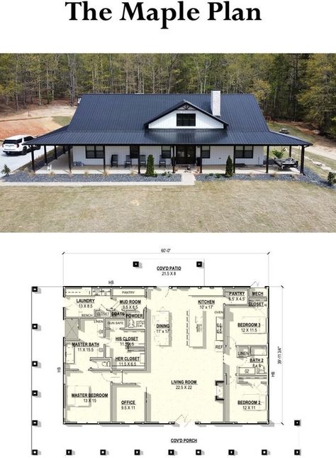 The Maple Plan Barndominium, Barnaminium House Interior, Barndominium Single Story, Barndominium Floor Plans 2000 Sq Ft, Building A House Ideas, 1 Story Barndominium Floor Plans, Metal Building House Plans, Metal House Plans, Barn Homes Floor Plans