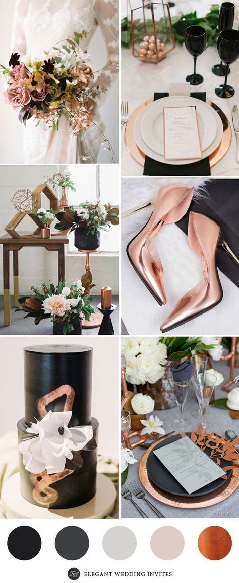 Industrial Black and Copper Wedding Color Palettes #blackandcopperwedding #weddingcolorpaletteideas #weddinginspiration Copper Wedding Color Schemes, Black And Copper Wedding, Copper Wedding Color Palette, Copper Wedding Colors, Bridesmaid Dress Color Schemes, Bridesmaid Color Scheme, Clear Wedding Invitations, Rose Gold Bridesmaid Dress, Wedding Color Palettes