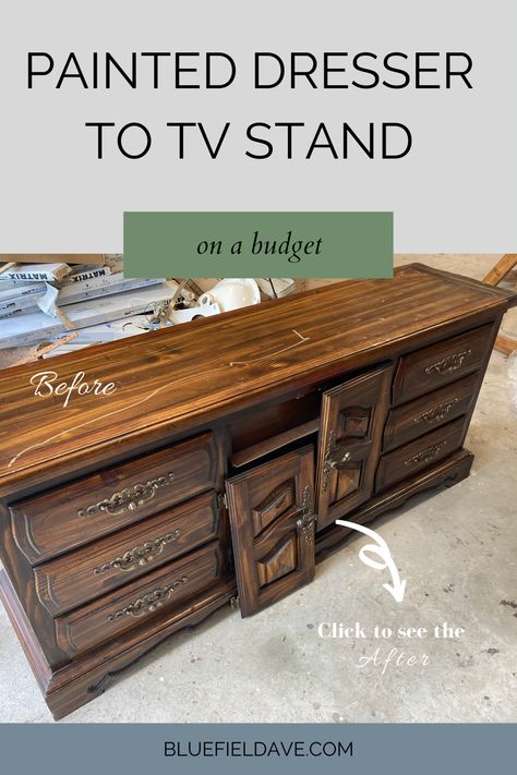 Dressers Into Tv Stands, Dresser As Entertainment Center, Dresser To Entertainment Center Diy, Old Dresser To Tv Stand, Dressers For Tv Stand, Dresser Entertainment Center Diy, Buffet As Tv Stand In Living Room, Diy Tv Stand From Dresser, Diy Large Tv Stand