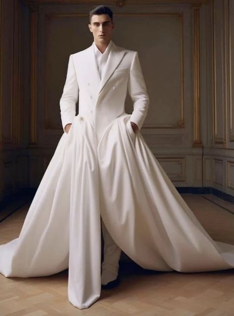 Male Wedding Outfit Grooms, Gay Wedding Dress, Suit With Train, Gay Wedding Outfits, Gay Wedding Suits, Male Bride, Male Wedding Dress, White Wedding Suits For Men, Marriage Dress For Men