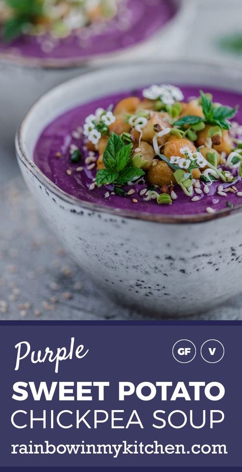 Purple Potato Soup Recipe, Vegetarian Sweet Potato Recipes, Purple Potato Recipes, Food Decoration Plate, Veggie Meal Ideas, Yam Recipes, Sweet Potato Soup Vegan, Soup Bar, Work Potluck