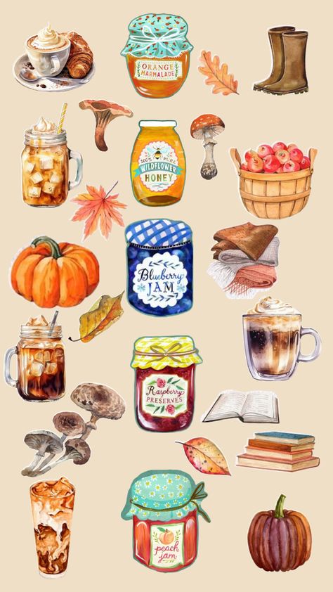 Autumn Digital Stickers, Autumn Stickers Printable, Cozy Stickers, Cookie Drawing, Food Illustration Design, Cozy Cottagecore, Fall Stickers, Collage Drawing, Fall Breakfast