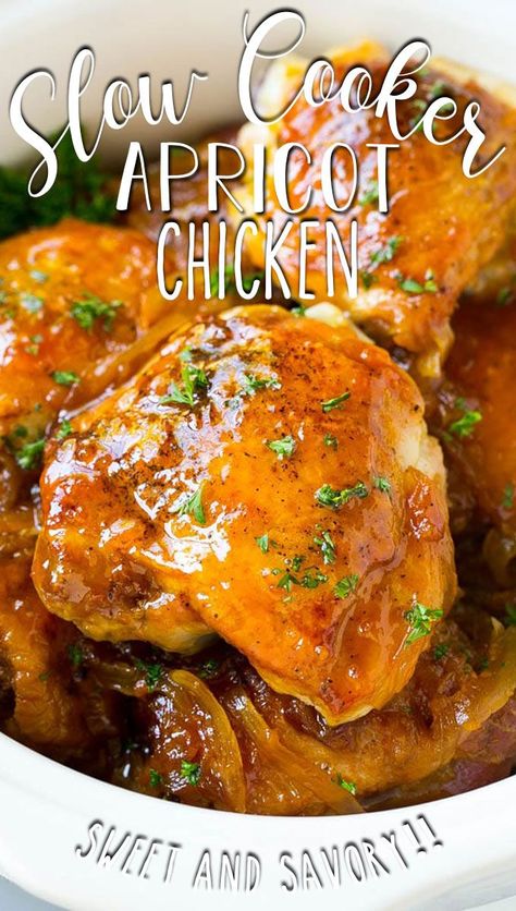 This slow cooker apricot chicken recipe is tender chicken thighs in a delicious sweet and savory sauce made with apricot jam, soy and ginger. Apricot Crockpot Chicken, Chicken Thighs With Apricot Preserves, Slow Cooker Chicken And Sweet Potatoes, Honey Apricot Chicken, Apricot Preserves Chicken, Chicken Apricot Preserves Recipe, Recipes With Apricot Jam, Apricot Jam Chicken, Chicken Thighs In Crockpot