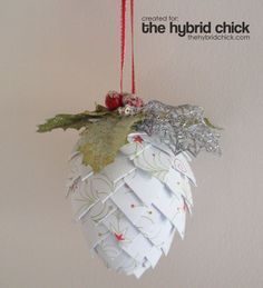 Fold fabric and pin to styrofoam cone starting from the bottom. Diy Christmas Paper, Paper Christmas Decorations, Pinecone Ornaments, Ornament Tutorial, Paper Ornaments, Paper Christmas, Noel Christmas, Christmas Paper, Homemade Christmas