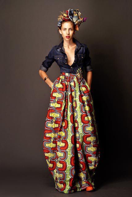 Stella Jean Designer, African Print Maxi Skirt, Afrikaanse Mode, Maxi Rok, Stella Jean, African Inspired Fashion, Denim Blouse, Printed Maxi Skirts, Long Maxi Skirts