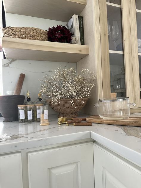 Pottery Barn Chair, Gold Sink Faucet, Glass Cooking Pot, Modern Farmhouse Kitchen Island, Gold Kitchen Hardware, Thrift Decor, Gold Cabinet Hardware, Morgan Elizabeth, Kitchen Floating Shelves