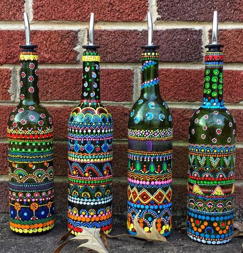 Bottle art Oil and Vinegar Wine Bottles Handpainted Soap | Etsy Unique Hostess Gifts, Fairy Lights Decor, Painted Glass Bottles, Hand Painted Wine Bottles, Lights Decor, Painted Bottles, Hand Painted Bottles, Glass Bottle Diy, Painted Bottle