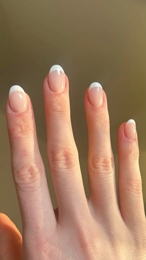 Clean nails, short french manicure, round almond nails French Tip Nails Short Nail Beds, French Acrylics Almond, French Tip Nails Short Almond Shape, Short Manicure French Tip, Natural Nails With White Tips, Dip With Tips Nail Ideas Almond, Super Short Gel Nails French Tip, Nail Inspo Not Acrylics Short, Cute Shirt French Tip Nails