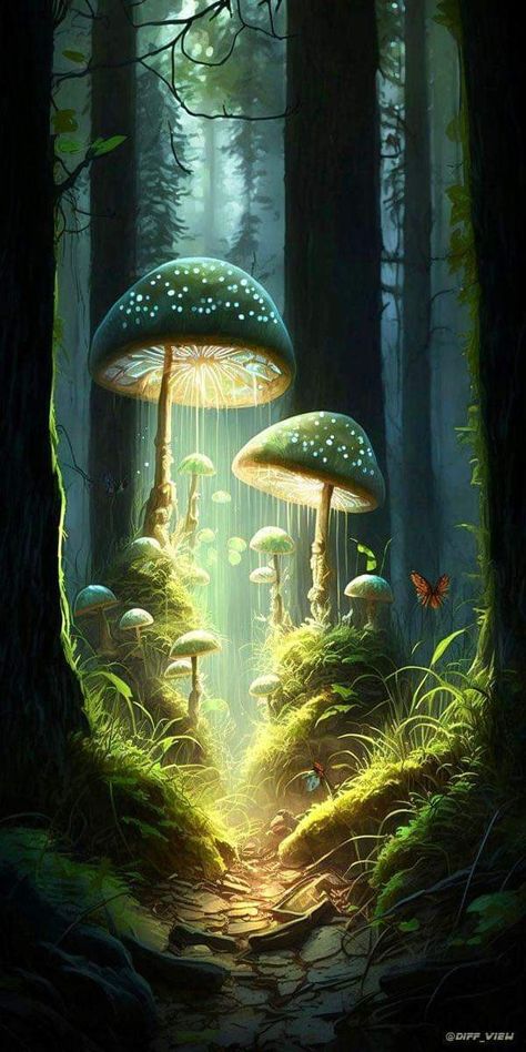 Fairy Realm Fantasy Art, How To Draw Fantasy Landscapes, Fairy Fantasy Aesthetic, Snow Style Fashion, Dreamy Art Fantasy, Rooftop Flooring, Mystical Scenery, Snow Cone Syrup Recipe, Mushrooms And Fairies