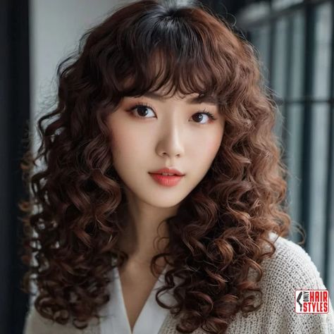 Korean Curly Hair, Curly Hairstyles With Bangs, Best Curly Hairstyles, Korean Bangs, Curly Bangs, Hair With Bangs, Haircuts For Curly Hair, Beautiful Hairstyles, Curly Hair With Bangs