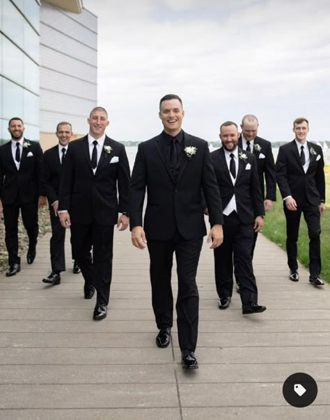 Groom In All Black Suit, Groomsmen Black Tux With Tie, Groomsman All Black Suits, Groom And Groomsmen Attire Black Tuxedos, Black White Groomsmen Attire, Groom Outfit All Black, Black Suit Bridal Party, Bridal Party Black Suits, Groomsmen In All Black Suits