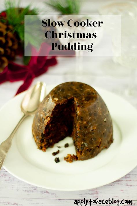 This Slow Cooker Christmas Pudding recipe is the easiest I have ever made and just delicious. A real family favourite and a incredible steamed pudding on it's own. The slow cooker/crock pot is just the perfect way to steam. #applytofaceblog #christmaspudding #christmaspuddingrecipes #slowcookerrecipes #slowcookerchristmaspudding Slow Cooker Xmas Pudding, Slow Cooker Christmas Pudding Recipe, Christmas Pudding In Slow Cooker, Slow Cooker Christmas Pudding, Christmas Pudding Recipes Easy, Steamed Christmas Pudding, Slow Cooker Puddings, English Christmas Pudding, Steamed Pudding Recipe