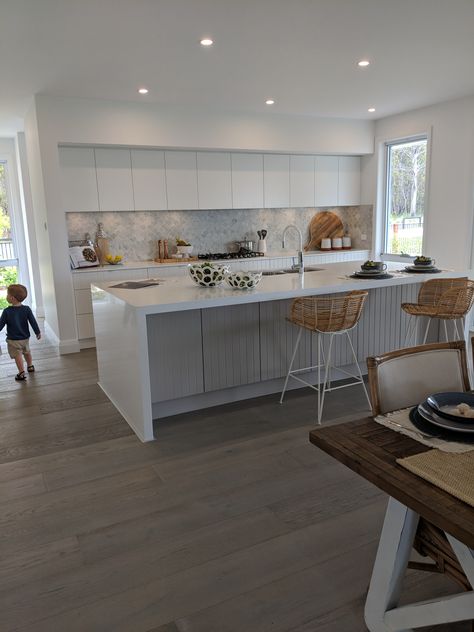 Grey Benchtop Kitchen White Cupboards, Grey Island Bench White Kitchen, Dark Grey Kitchen Benchtop, Light Grey Splashback, Light Grey Stone Benchtop Kitchen, White Kitchen Splashback, Kitchen Renovation Inspiration, Kitchen Family Rooms, White Modern Kitchen