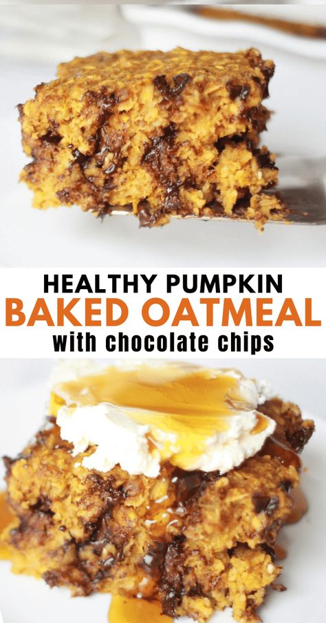 Pumpkin baked oatmeal is an easy and healthy breakfast for kids. And a healthier and more filling form of classic pumpkin pie. Filled with heart healthy oats, pumpkin puree and honey and loaded with chocolate chips, this recipe is a family favorite! Not to mention its a great make ahead option for busy moms! Pumpkin Chocolate Chip Baked Oatmeal, Pumpkin Recipes Kids, Oatmeal With Chocolate Chips, Oatmeal With Chocolate, Pumpkin Baked Oatmeal, Baked Pumpkin Oatmeal, Classic Pumpkin Pie, Healthy Oats, Pumpkin Chip