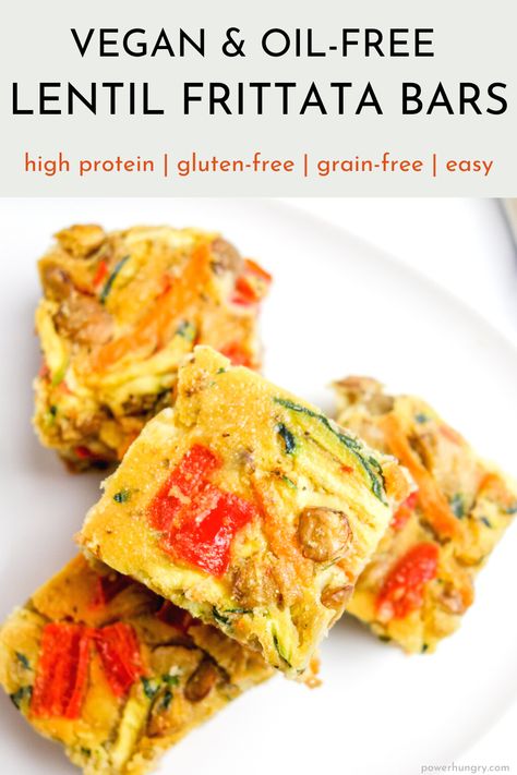 Easy vegan lentil frittata bars that are oil-free, gluten-free, high in protein & made with a simple chickpea flour batter. They are perfect for meals on the go or as high-protein snacks. #wfpb #oilfree #plantbased #vegan #eggfree #highprotein #plantprotein #portablefood #cleaneating #cleaneats #oilfreevegan #lentils #chickpeaflour #frittata #veganeggs #veganbreakfast #veganlunch #vegansnack #veganoilfreebaking Veg Meals, Lower Carb Meals, Meals On The Go, Canned Lentils, Vegan Lentil, Wfpb Recipes, Spiralizer Recipes, Meatless Dinner, Savoury Recipes