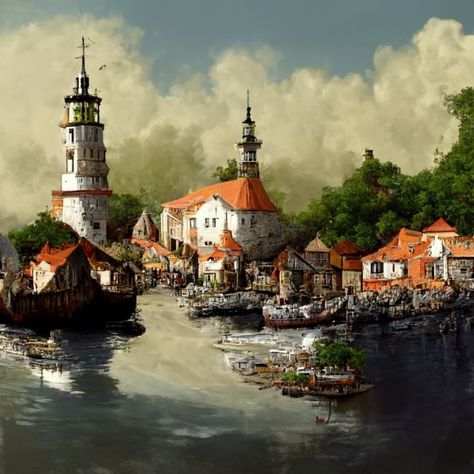 A small port town in malsense Fantasy Port Town, Town Drawing, Port Town, Fantasy Town, Town Building, Harbor Town, Dnd Maps, Senior Project, Port City