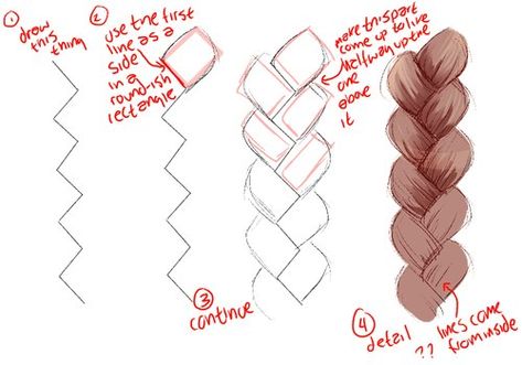 Long Braid Drawing Reference, Braid Tutorial Drawing, Drawing Braids Black Tutorial, Long Braided Hair Drawing, Braid Sketch Tutorial, Ako Kresliť, How To Draw Braids, Hair Sketch, Digital Painting Tutorials