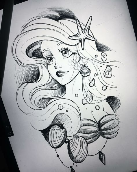 Disney Drawings Sketches Princesses, The Little Mermaid Drawing, Little Mermaid Tattoo Ideas, Princess Doodle, Cinderella Tattoo, Ariel Tattoo, Sketch Disney, Disney Inspired Tattoos, Little Mermaid Tattoo