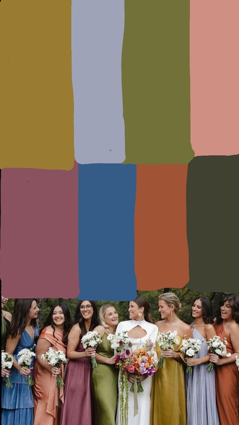 Muted Colorful Bridesmaids, Neutral Colorful Wedding, Colorful Jewel Tone Wedding, Vintage Wedding Aesthetic Colors, Multicolored Bridesmaids Dresses With Groomsmen, Colorful Boho Wedding Invitation, Multi Color Fall Wedding, Fun Wedding Palette, Eclectic Wedding Colors