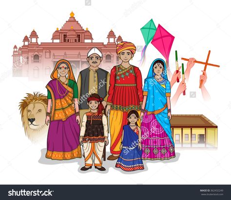 stock-vector-vector-design-of-gujrati-family-showing-culture-of-gujrat-india-362432249 Gujrat Traditional Dress, Gujrat Illustration, Gujarati Dress, Gujarat Culture, Memory Illustration, Drawing Themes, Food Illustration Design, Tom Tierney, Indian Culture And Tradition