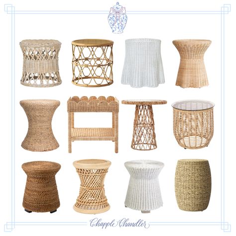 Shop Wicker and rattan end tables! Inspo for your living room, accent table home decor coastal preppy Grandmillennial classic timeless style bedroom bedside table end table furniture scalloped ruffle wavy wicker table. Chapple Chandler is a home decor, fashion, and lifestyle blogger on a mission to help you create a beautiful home and life! She blogs about party planning, DIY, flower arrangements, gift guides, and more! Her self-described style is classic feminine with a playful, coastal touch! Wicker End Tables Living Room, Wicker Nightstand Table, Rattan Cocktail Table, Jute Side Table, Small Rattan End Table, Wicker Side Table Living Room, Rattan Accent Table, Wicker Side Table Bedroom, Rattan End Table Living Rooms