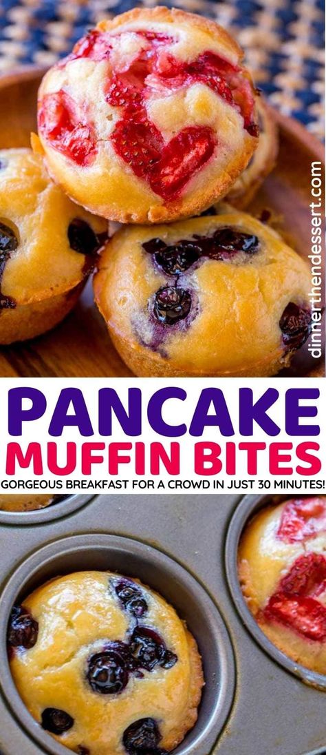 Pancake Muffin Bites are easy to throw together using simple pantry ingredients. Just combine the batter, bake, and enjoy bite-sized portable pancakes. #breakfast #muffins #pancakes #pancakemuffins #pancakebites #dinnerthendessert Bake Shrimp, Shrimp Paleo, Muffin Bites, Recipes Pancakes, Easy Pancake, Pancake Bites, Pancake Muffins, Pancakes Easy, What's For Breakfast