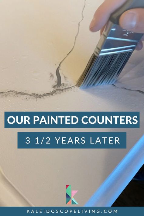 In this post, I'm answering all of the questions I have gotten about our painted countertops! I'm sharing photos and a video of how our countertops looked after 3 1/2 years of heavy daily use, who should consider painting their kitchen counters (and who shouldn't) and what I would do differently if I tackled this project again. Painted Kitchen Counters Diy, Tan Corian Countertops Kitchen, Painted Quartz Countertops, Heirloom Traditions All In One Paint Countertops, Kitchen Counter Redo Diy, Painting Countertops Diy, Painted Countertops Kitchen, Veining Countertops, Painted Kitchen Counters