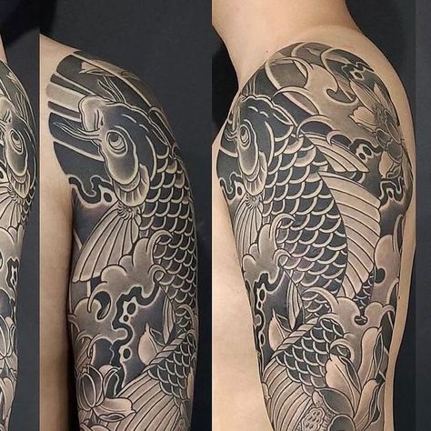 Traditional Black Koi Fish Tattoo, Japanese Koi Fish Tattoo Black And Grey, Koi Fish Sleeve Tattoo Men, Koi Fish Tattoo Black And Grey, Koi Sleeve Tattoo, Koi Fish Sleeve Tattoo, Koi Fish Tattoo Sleeve, Koi Fish Sleeve, Ryu Dragon