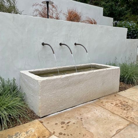 Backyard Wall Fountain Ideas, Diy Limestone Fountain, Limestone Water Feature, Garden Wall Fountain, Wall Fountains Backyard, Courtyard Water Feature, Modern Water Fountain, Limestone Trough, Spanish Fountain