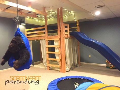 Basement Playground Indoor, Basement Jungle Gym For Kids, Indoor Playhouse With Slide, Indoor Playground Basement, Diy Indoor Playground, Indoor Playground Diy, Basement Playground, Teddy Bedroom, Kids Creative Ideas