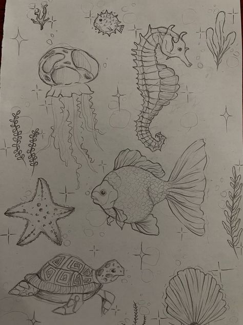 Under The Sea Sketchbook, Under The Ocean Drawing, Sea Horse Drawings, Sea Animals Drawing Sketch, Under Sea Drawing, Ocean Fish Drawing, Sea Animal Sketches, Sea Animal Drawings, Under The Sea Drawing