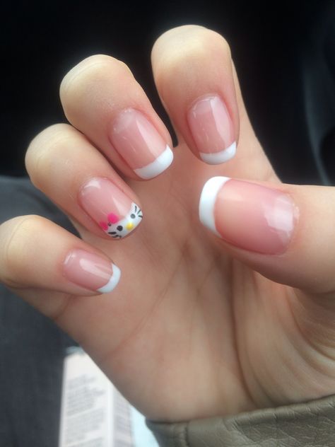 Hello kitty nails Easy Hello Kitty Nail Designs, Hello Kitty Gel Nails Short, Hello Kitty Nails Natural, Hello Kitty Nail Inspo Short, Hello Kitty Nail Inspo Simple, Easy Sanrio Nails, Small Hello Kitty Nails, Hello Kitty Nails Easy, Nails For Cheer