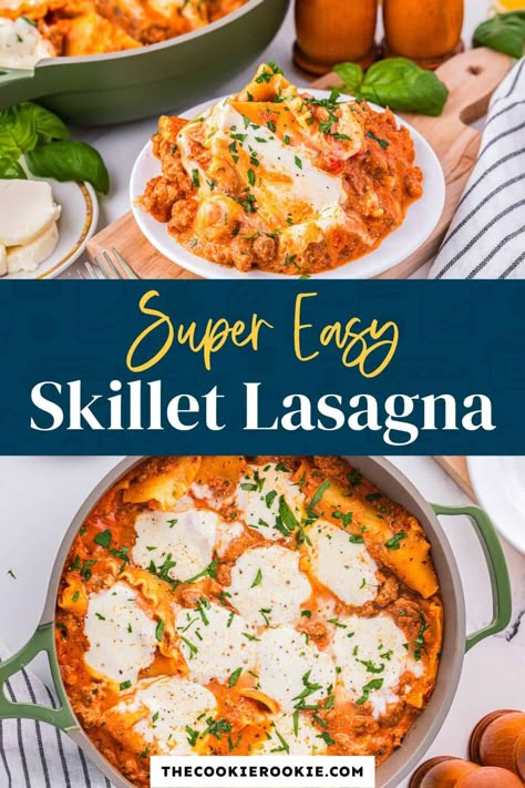 This one pan Skillet Lasagna recipe is a quick and easy way to make everyone's favorite Italian dish! Italian sausage, lasagna noodles, ricotta and mozzarella cheese all cook together in one skillet, which means it's the perfect weeknight dinner. Lazy Lasagna Skillet, Lasagna With Fresh Mozzarella, One Pan Lasagna Skillet, Lasagna Noodles, Lasagna Noodle Recipes, Skillet Lasagna Easy, Ground Sausage Recipes, Skillet Lasagna Recipe, Lasagna Recipe With Ricotta