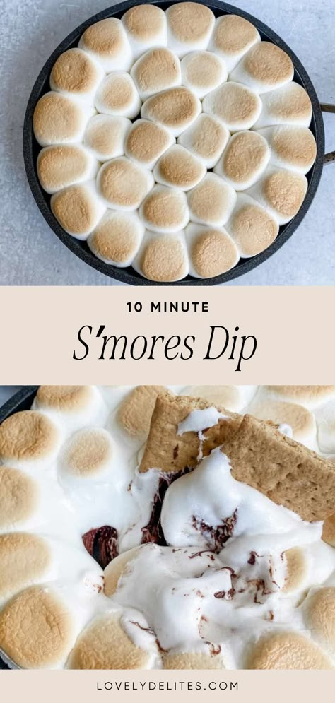 This s'mores dip is full of melted chocolate and gooey, toasted marshmallows. This is the perfect 4th of July dessert idea. It's ready in 10 minutes or less, and you get that same great s'mores taste without the campfire. Follow for more s'mores dessert ideas! Baked S’mores Dip, S’more Dip Oven, S’mores Dip Oven, Baked S’mores, S’mores Dip Recipe, Oven S’mores Dip, S’more Dip, S'mores Dip, Individual Smores