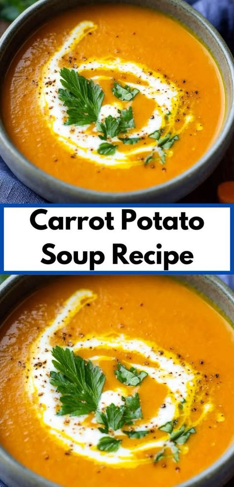 Looking for dinner ideas? Try this Carrot Potato Soup Recipe! It’s a healthy and easy option among soup recipes, blending carrots and potatoes for a satisfying meal. Perfect for simple dinner ideas. Soup Carrots Potatoes, Potato Carrot Soup Recipe, Leftover Carrot Recipes, Carrot Potato Soup Recipes, Carrot And Potato Recipes, Carrot Soup Recipes Easy, Carrot And Potato Soup, Carrot Sweet Potato Soup, Potato And Carrot Soup