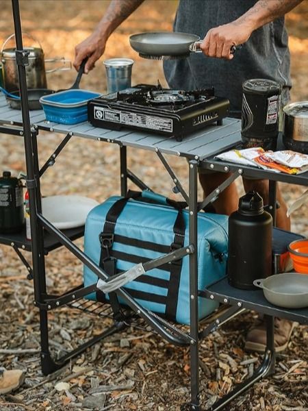 Portable Camp Kitchen, Folding Kitchen Table, Outdoor Cooking Station, Shell Sink, Camping Diy Projects, Folding Kitchen, Outdoor Camping Kitchen, Blackstone Grill, Camp Stove