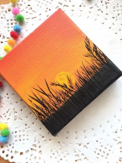 Checkers Painting, Painted Sunset, Mini Tela, Mini Room, Mini Toile, Sunset Canvas Painting, Painting Orange, Bedroom Minimalist, Small Canvas Paintings