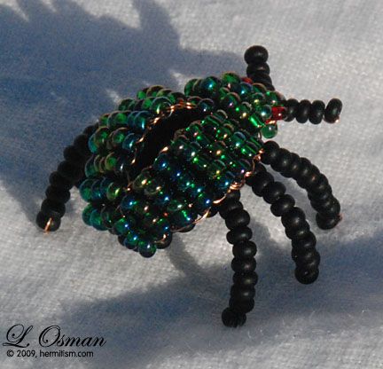 Bead Scarab Beetle 1, Emerald by hermitworm Beaded Beetle Tutorial, Beaded Beetle, Bead Tutorials, Scarab Beetle, Beaded Animals, Wire Crafts, Cute Diys, Pony Beads, Pipe Cleaner