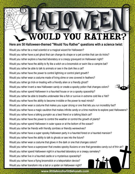 50 Halloween Would You Rather Questions - Little Bins for Little Hands Halloween Writing Prompts For Kids, Would You Rather Halloween, Halloween Would You Rather, Halloween Questions, Easy Halloween Games, Halloween Stem Activities, Teacher Items, Halloween Writing Prompts, Tutoring Ideas