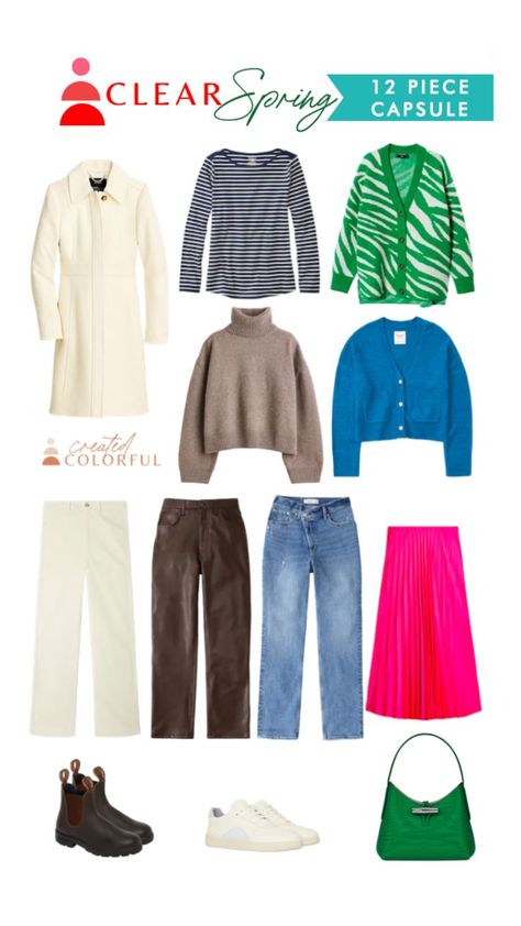 Just received your color results and want to build a fun and effortless wardrobe? We’ve provided links to the actual items shown at the bottom of each capsule graphic! Want to add more color to your existing closet but not sure where to start? Check out the outfit ideas that are included in each graphic for some inspo! These complete capsule wardrobes are organized by color palette, and we also added additional pieces for you to choose from! Don't know your best colors? We do virtual consults! Clear Spring Palette, True Spring Color Palette, Bright Winter Outfits, Created Colorful, Autumn Deep, True Spring Colors, True Spring, Clear Winter, Clear Spring