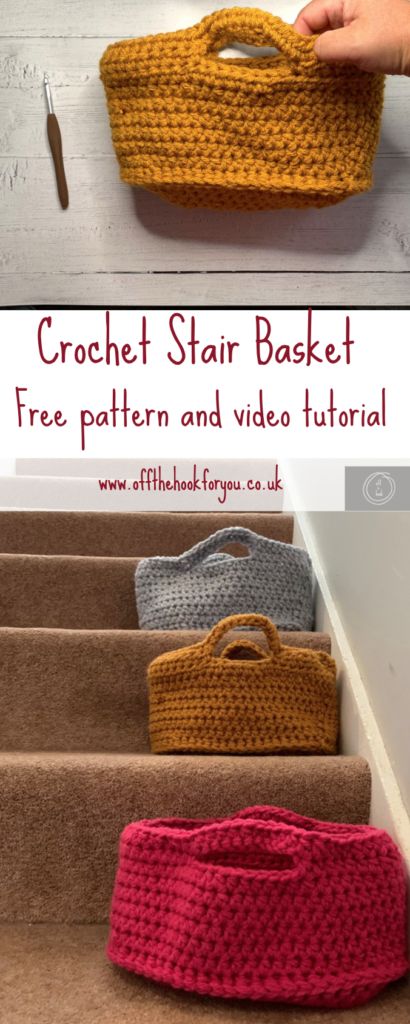 Handy Crochet Stair Caddy – off the hook for you Crochet Storage Baskets Free, Crochet Ideas Aesthetic, Aesthetic Knit, Crochet Oval, Stair Basket, Easy Crochet Basket Pattern, Design For Wall, Oval Basket, Crochet Storage Baskets