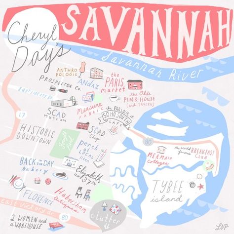 24 Hours in Savannah, Georgia with Back in the Day Bakery #savannah #georgia Savannah Map, Ceramics Studio, Tybee Island, Home Tours, City Guides, Savannah Georgia, I Want To Travel, Illustrated Map, Design Sponge