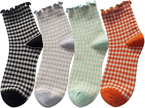 Amazon.com: Women's Cute Ruffle Frilly Striped Color Block Cotton Knit Casual Crew Socks 4 Pairs Size 5-9 (Multi Color B) : Clothing, Shoes & Jewelry Fun Ankle Socks, Checkered Socks, Ruffled Socks, Womens Vintage Dresses, Cute Socks, Calf Socks, Cool Socks, Casual Socks, Socks And Hosiery