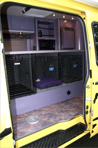 Dog Transporter - Sprinter Conversion Van Custom Dog Van Conversion, Animal Transport, Van Conversion For Dogs, Dog Transport Van Ideas, Dog Campervan, Pet Transport Van, Van Conversion Dog, Van Life Interior With Dog, Portable Dog Kennels